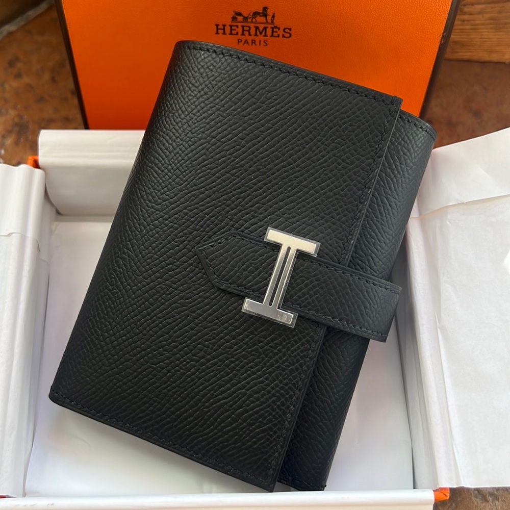 💯Auth. HERMES Epsom Tri-Fold Compact Bearn Wallet Black with silver hardware